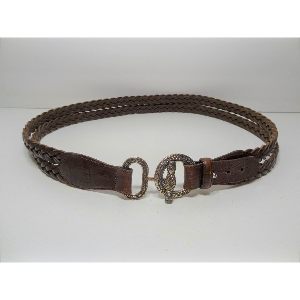 Womens 36" Brown Leather Belt Double Woven Strands